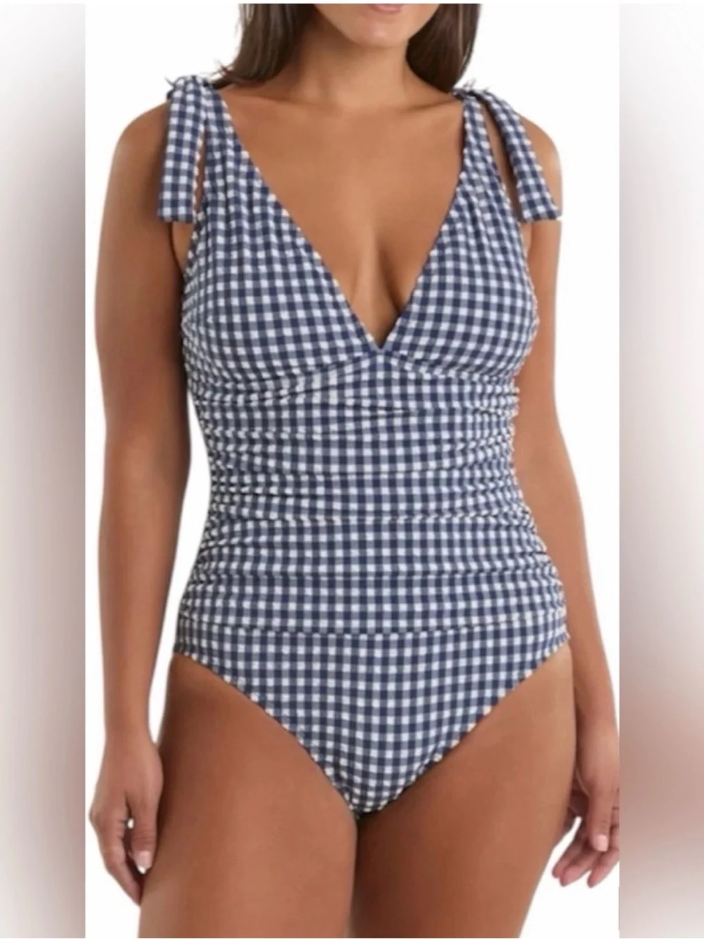 Ellen Tracy xxl Gingham Tie-Shoulder One-Piece Swimsuit - Navy
